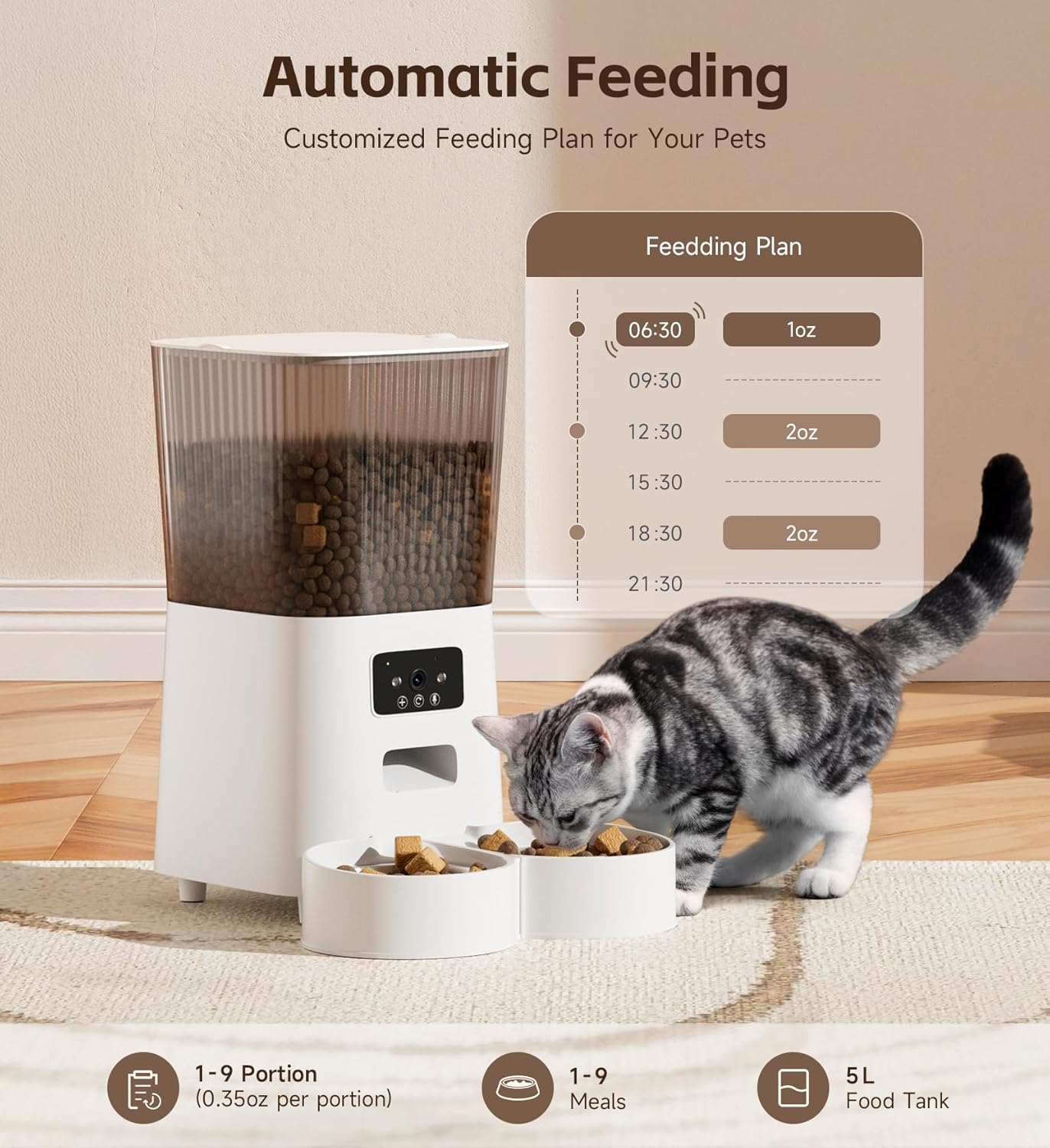 5L Smart Automatic Cat Feeder with Double Bowls & HD Camera – For Cats and Dogs