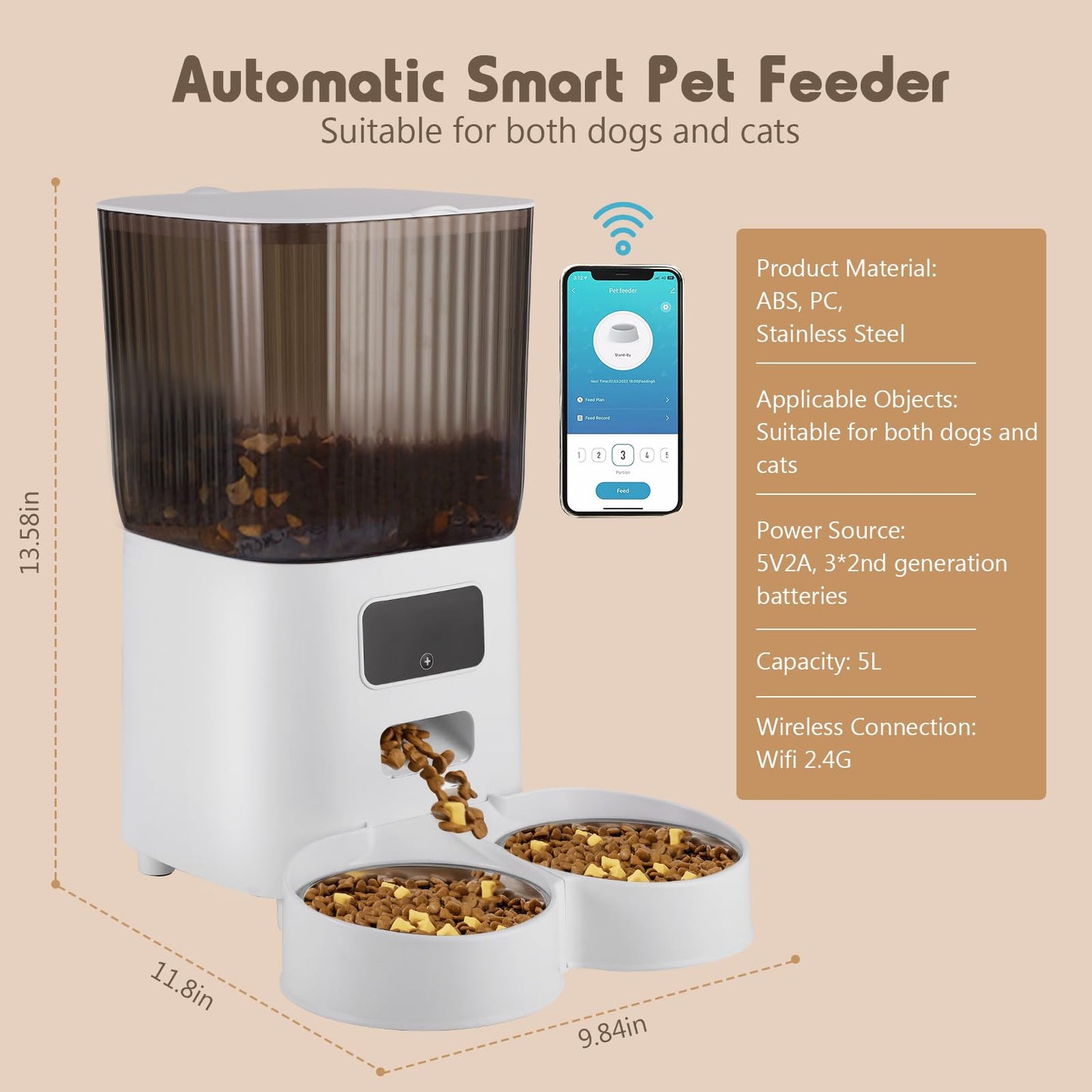 5L Smart Automatic Cat Feeder with Double Bowls & HD Camera – For Cats and Dogs