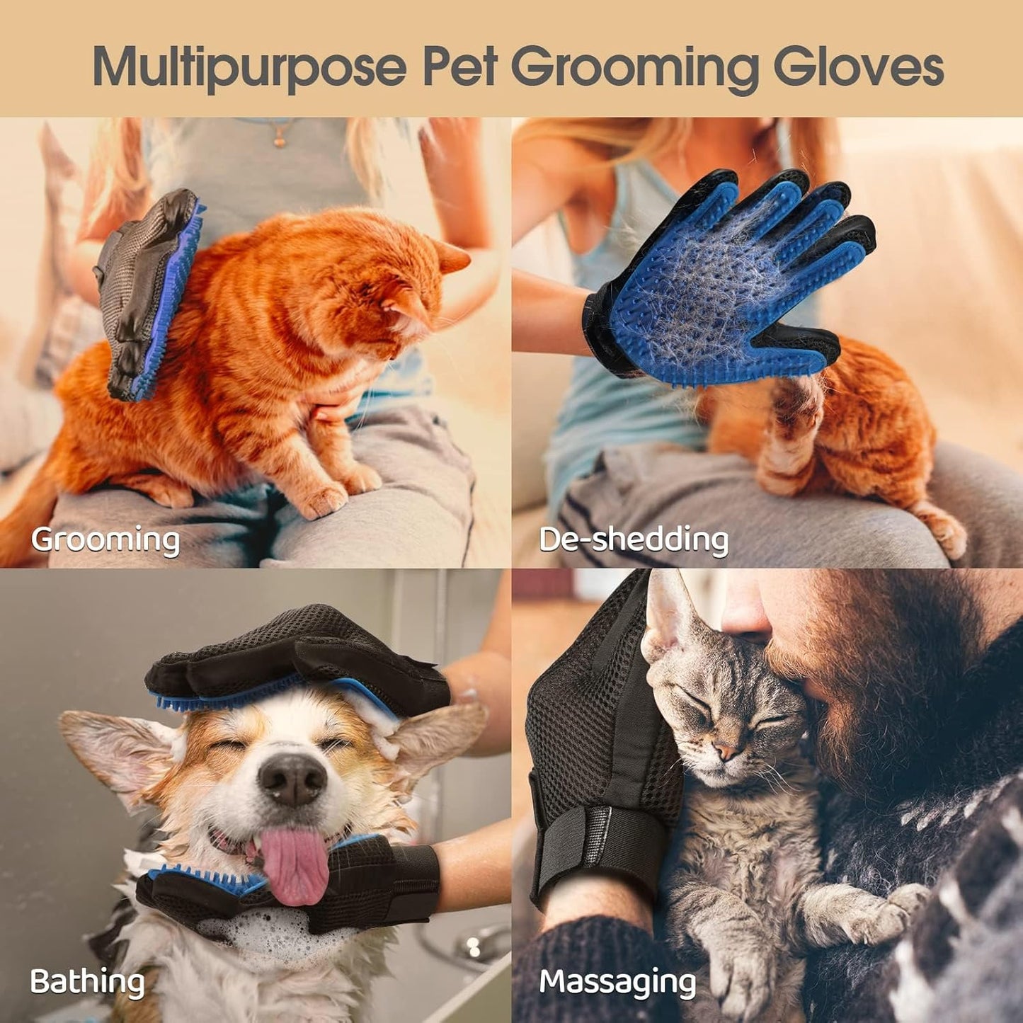 Cat Gloves for Grooming, Hair Removal & Massage - Dog & Cat