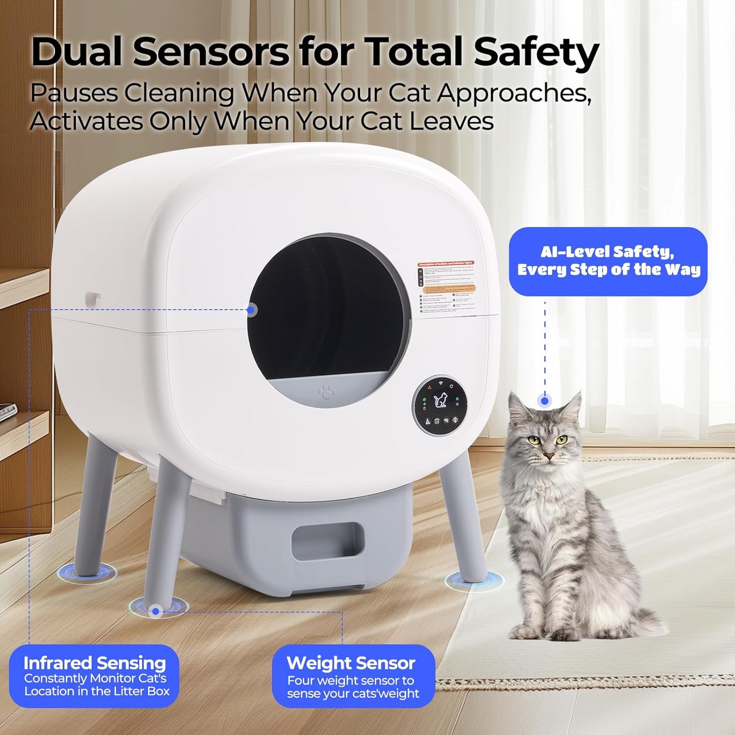White pet litter box with safety features and a cat sitting next to it on a wooden floor.