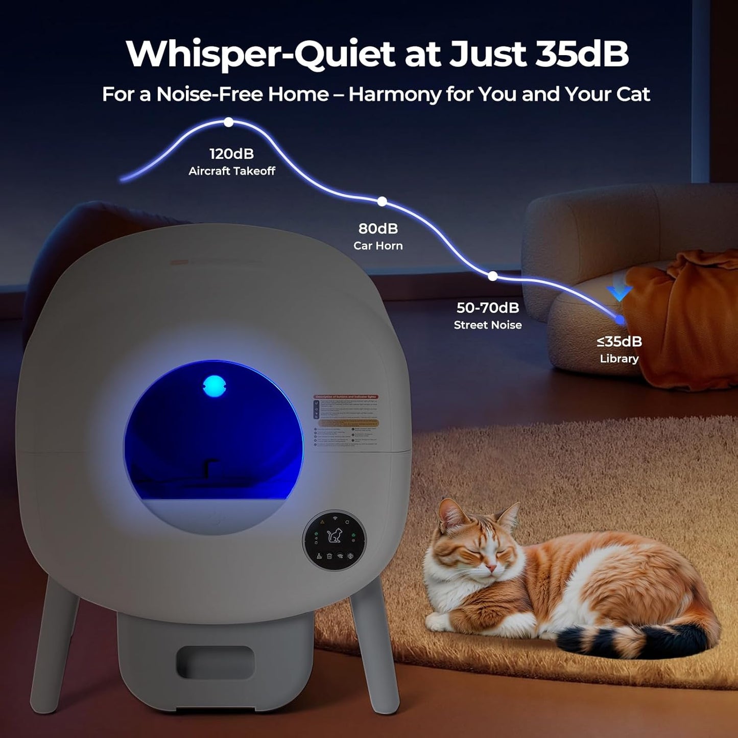 White noise machine with a cat on a carpet, showing noise level comparison.