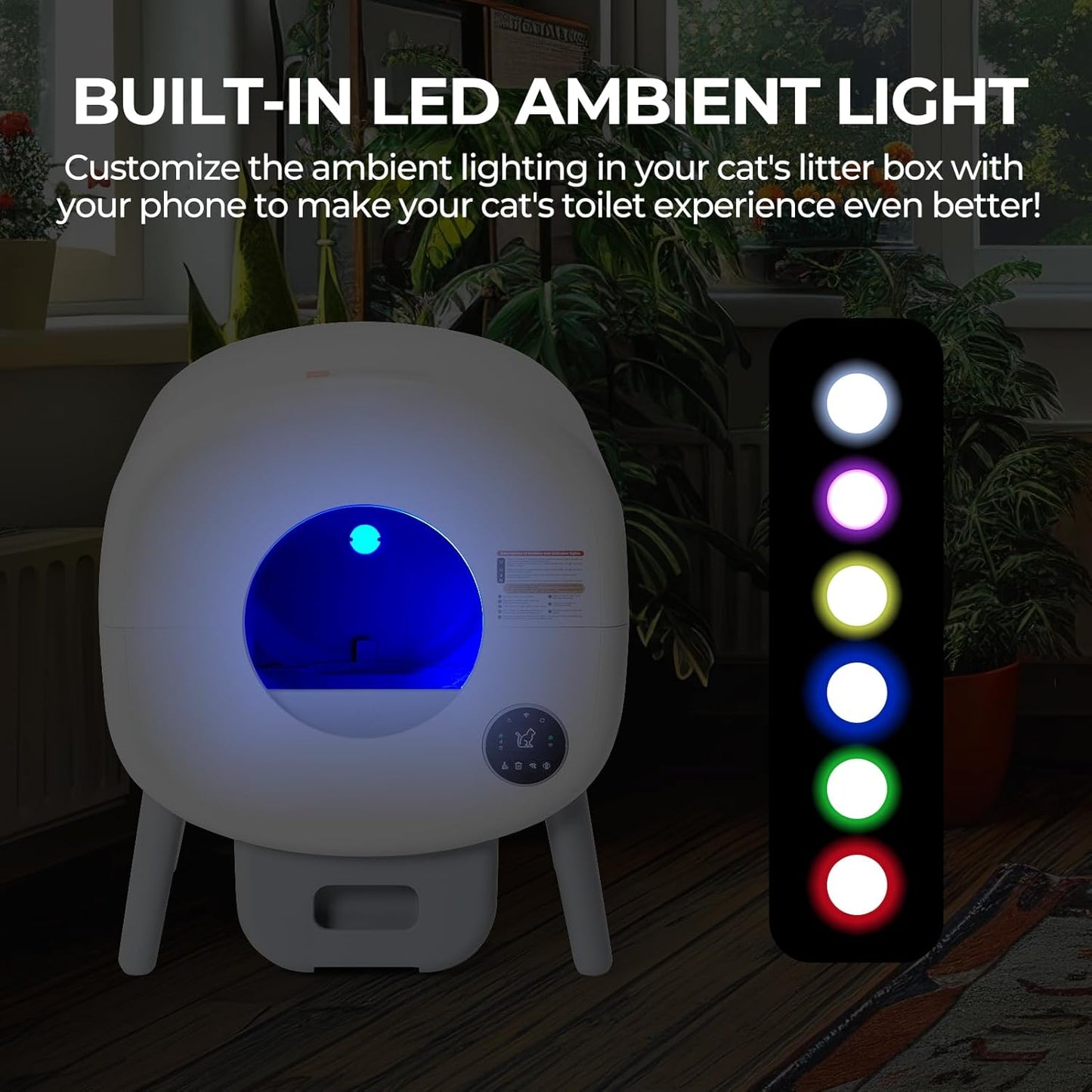 Cat litter box with built-in LED ambient light and color selection panel.