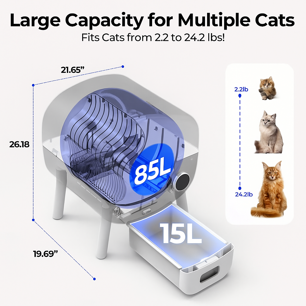 Pet litter box with dimensions and capacity details, showing fit for cats from 22 to 24.2 lbs.