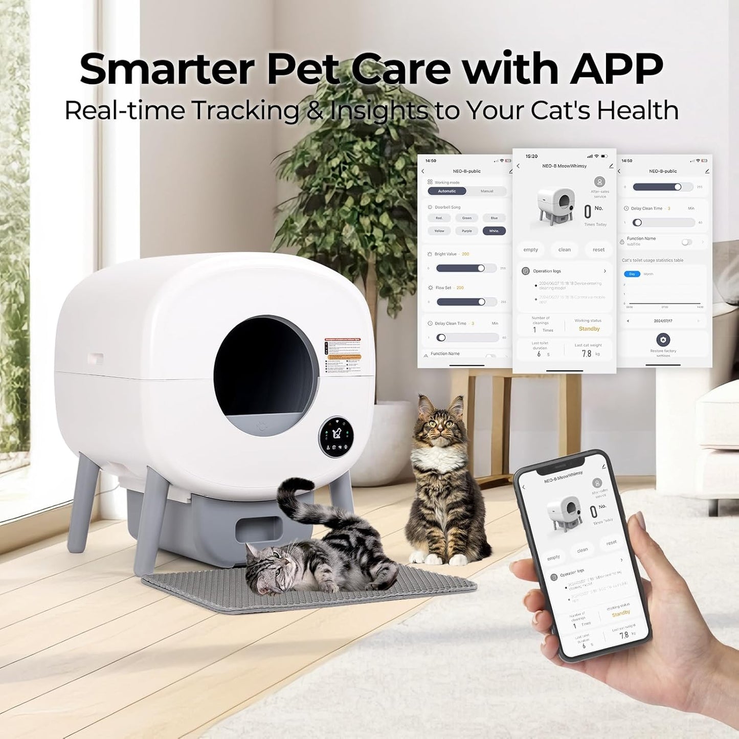 Pet care system with cats using a modern app interface on a smartphone.