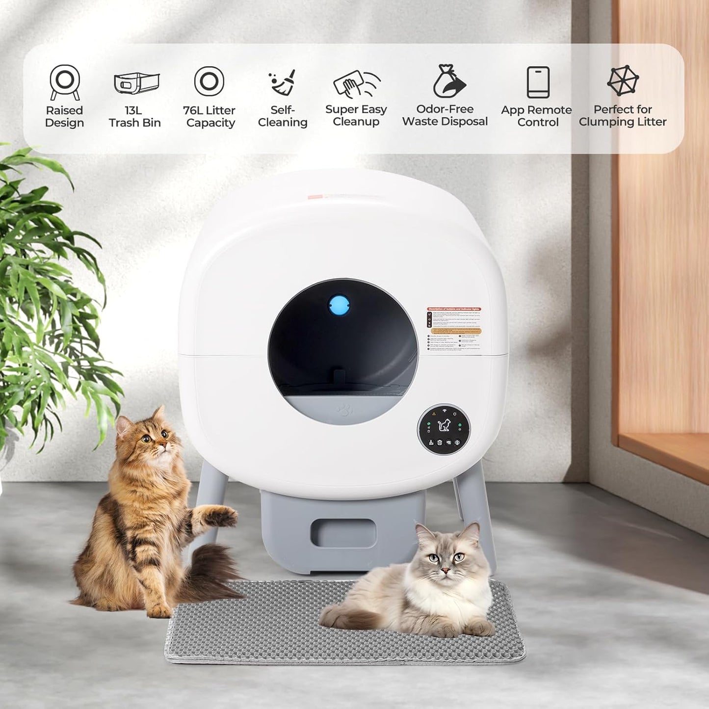 Pet litter box with two cats on a mat, featuring various pet product features.