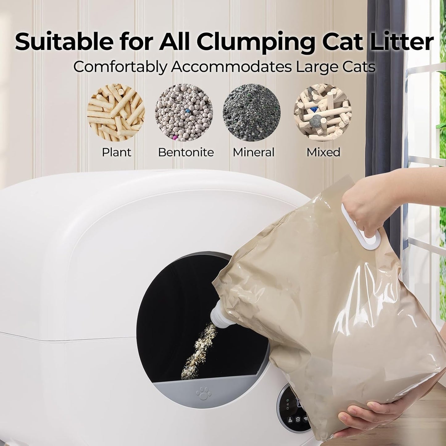 Person pouring cat litter into a white litter box with text about suitability for various types of cat litter.