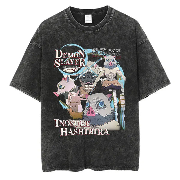 A black t-shirt featuring characters from the anime Demon Slayer. The design displays multiple illustrated faces of the character Inosuke Hashibira in various poses. The text reads Demon Slayer and Inosuke Hashibira.