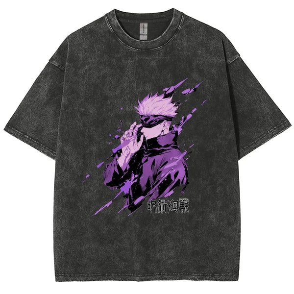 Y2K Anime Jujutsu Kaisen Oversized Washed shirt, Gojo Satoru Unisex Tshirt, Streetwear Vintage Washed Short Tshirt plus-size