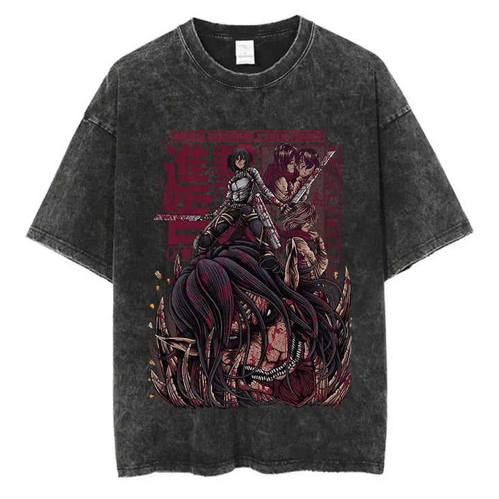 Black Attack on Titan Mikasa final kiss to Eren t-shirt, emotional farewell graphic design, unisex fit, 100% cotton.