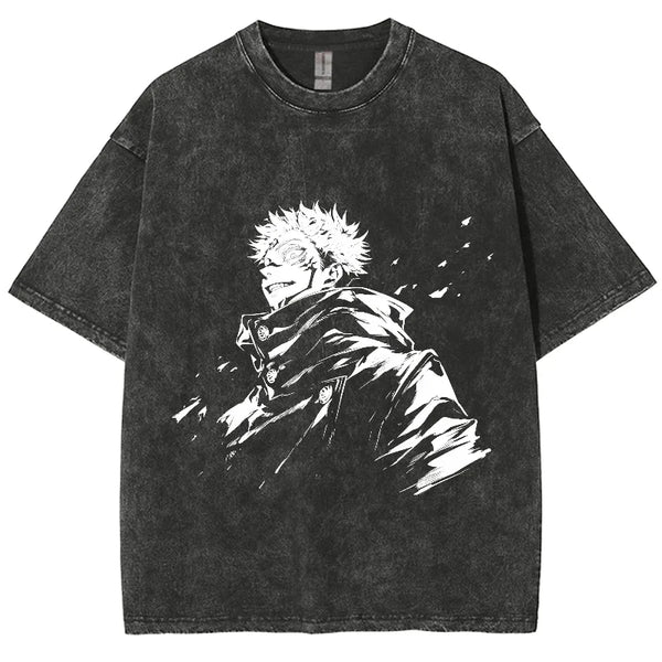 Anime Jujutsu Kaisen Ryomen Sukuna HipHop Oversized Washed shirt, Hip hop Streetwear Vintage Washed Short Tshirt For Men Women