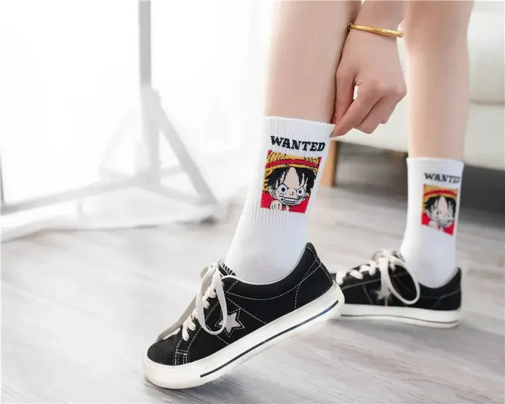 White childhood Mugiwara Luffy socks with embroidered wanted poster, cotton