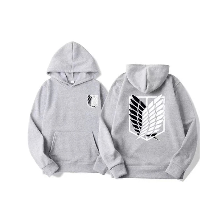 Gray Attack on Titan Wings of Liberty hoodie, unisex fit, soft cotton-blend fabric, anime-inspired design.