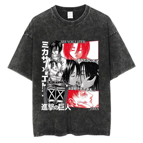 Black Attack on Titan t-shirt featuring Mikasa and 'See You Later, Eren' farewell design, unisex fit, 100% cotton.