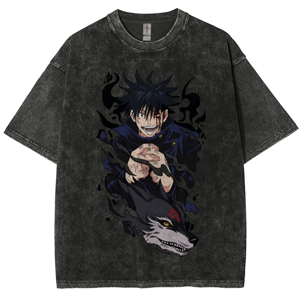 Anime Jujutsu Kaisen Fushiguro Megumi HipHop Oversized Washed shirt,Hip hop Streetwear Vintage Washed Short Tshirt For Men Women