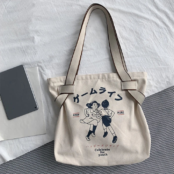 High-Capacity Japanese-Style Anime Canvas Tote – Fashionable & Retro