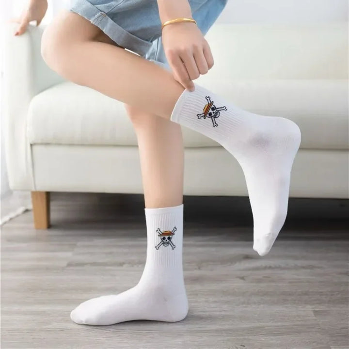 One Piece cartoon socks, white with embroidered design