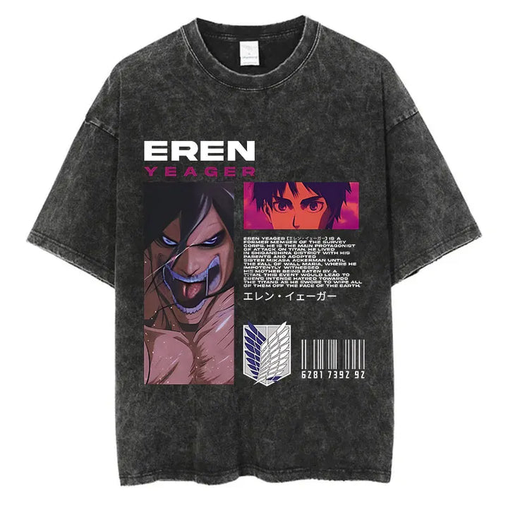 Black Attack on Titan graphic t-shirt featuring Eren Yeager in Survey Corps uniform.