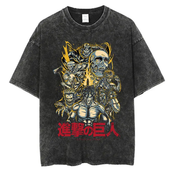 Unisex oversized Attack on Titan anime t-shirt with short sleeves, O-neck, and a graphic of all Titans, made from 100% cotton