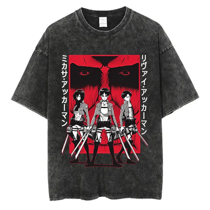 Black unisex 100% cotton t-shirt featuring Eren, Mikasa, Levi, and Colossal Titan from Attack on Titan 