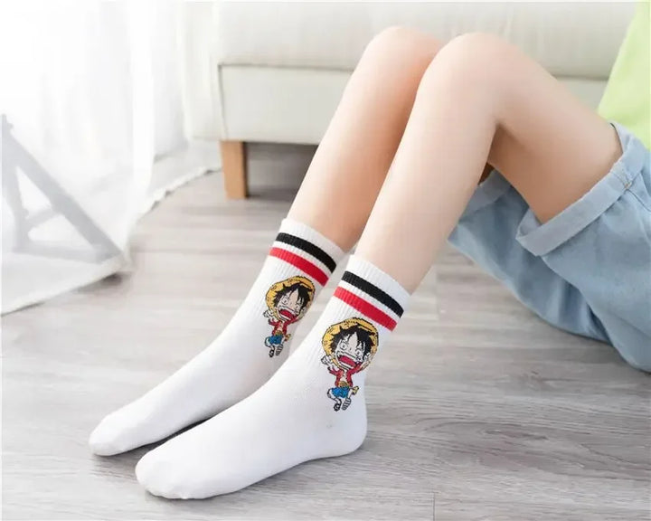 White socks with Luffy from One Piece, embroidered wanted poster, cotton blend