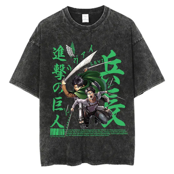 Black t-shirt featuring Levi Ackerman’s iconic warrior stance from Attack on Titan.