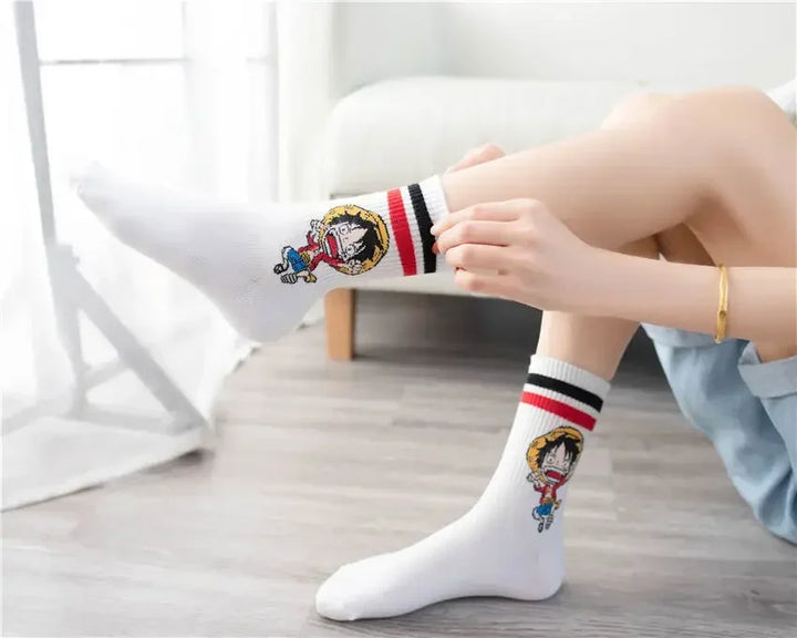 White socks with Luffy from One Piece, embroidered wanted poster, cotton blend