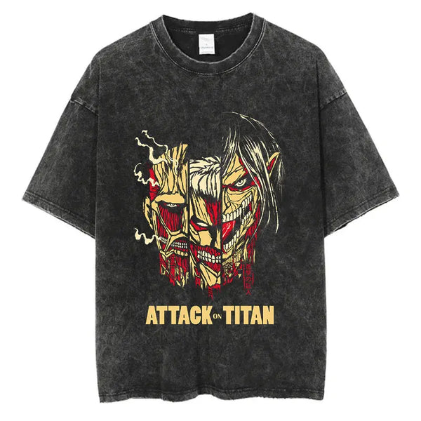 Black Attack on Titan faces t-shirt, featuring Attack, Armored, and Colossus Titan graphic