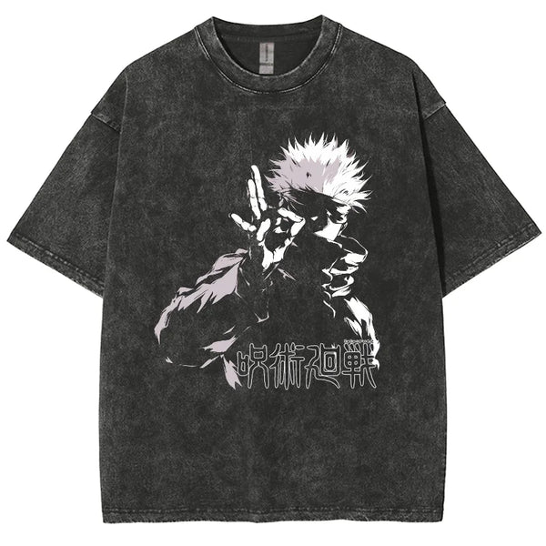 Jujutsu Kaisen Y2K Oversized Washed Tshirt, Gojo Satoru Unisex T shirt, Streetwear Vintage Washed Short T-shirts For Men Women