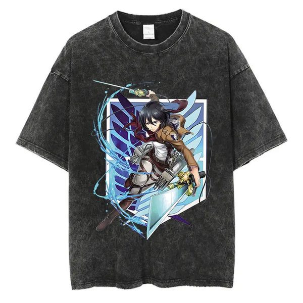 Attack on Titan Mikasa Ackerman t-shirt with Wings of Freedom emblem, unisex fit, 100% cotton.