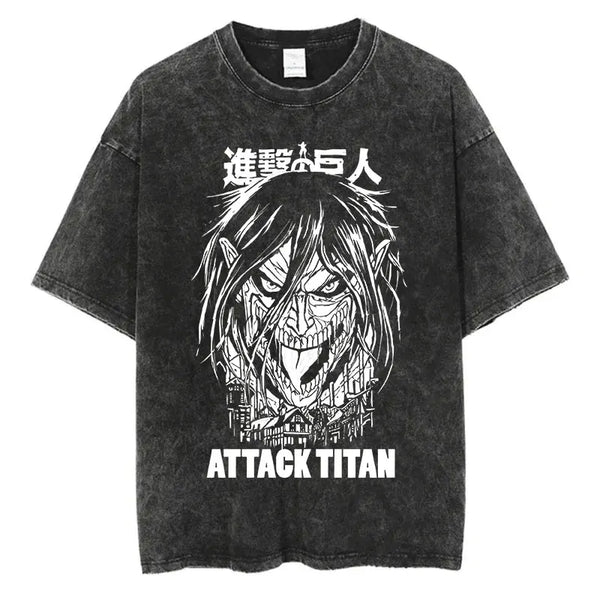 Black t-shirt with Eren Yeager’s house and the Attack Titan graphic design