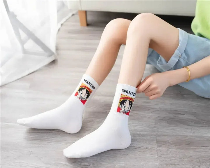 White socks with Luffy from One Piece, embroidered wanted poster, cotton blend