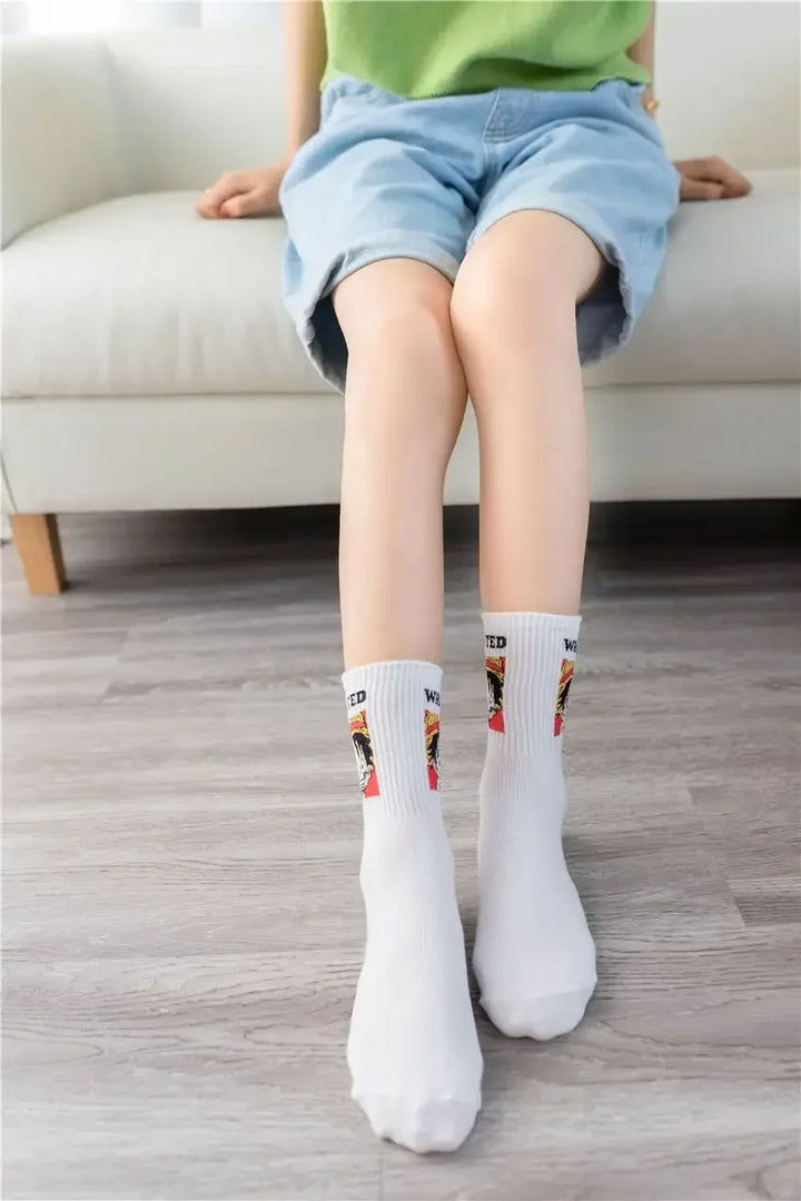 White childhood Mugiwara Luffy socks with embroidered wanted poster, cotton