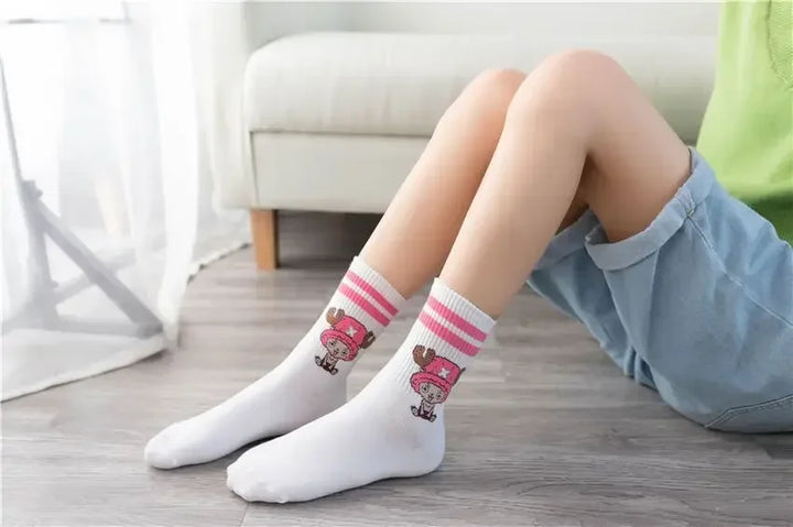 White socks with Chopper from One Piece, embroidered wanted poster, cotton