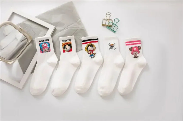 White socks with One Piece Luffy character design and wanted poster embroidery