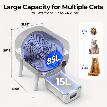Pet litter box with dimensions and capacity details, showing fit for cats from 22 to 24.2 lbs.