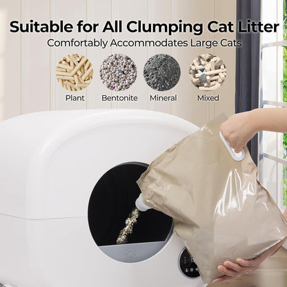Person pouring cat litter into a white litter box with text about suitability for various types of cat litter.